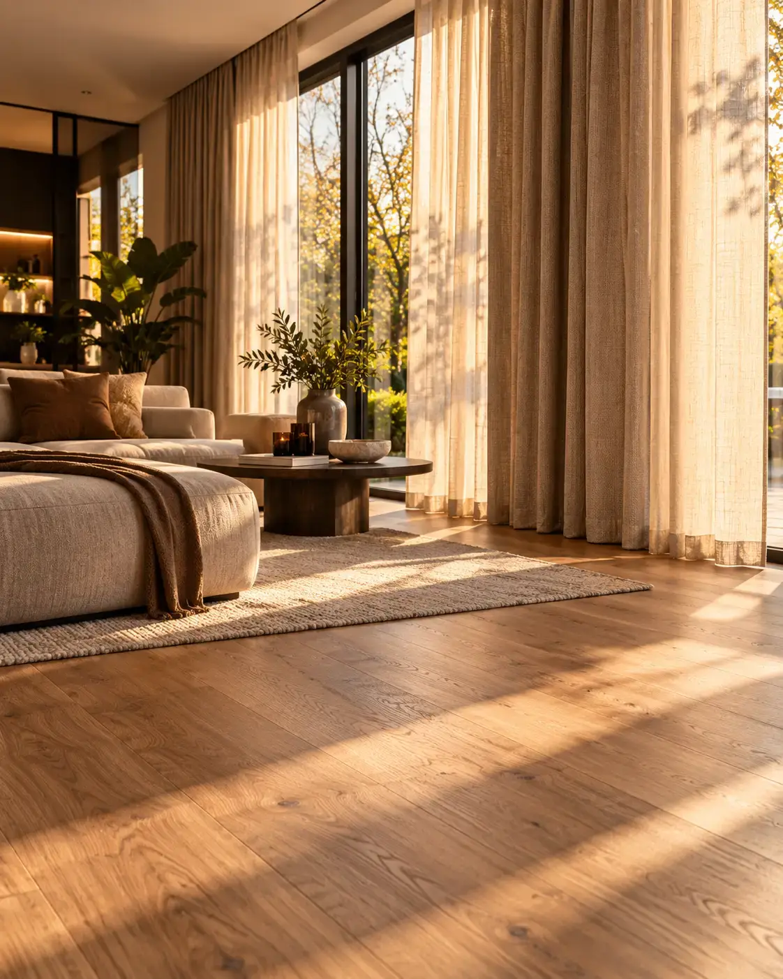 Warme woonkamer met houten vloer en gordijnen