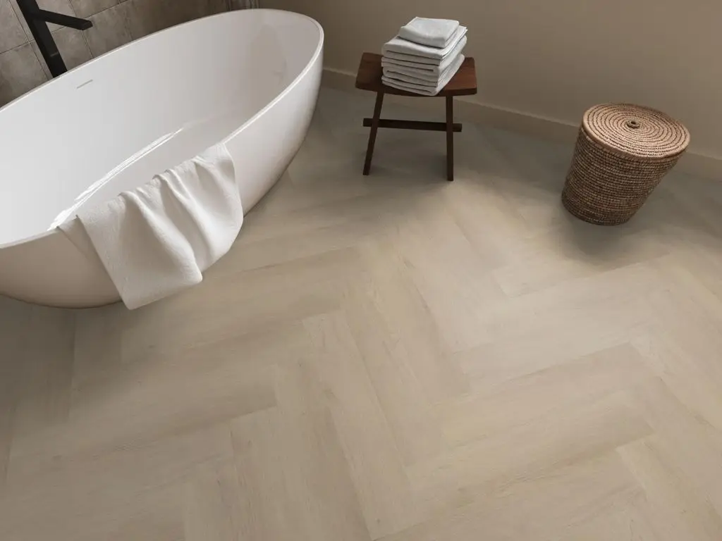 Ruimte met de pvcvloer Ambiant Spigato Navaro visgraat Dryback beige (sfeerbeeld 5)