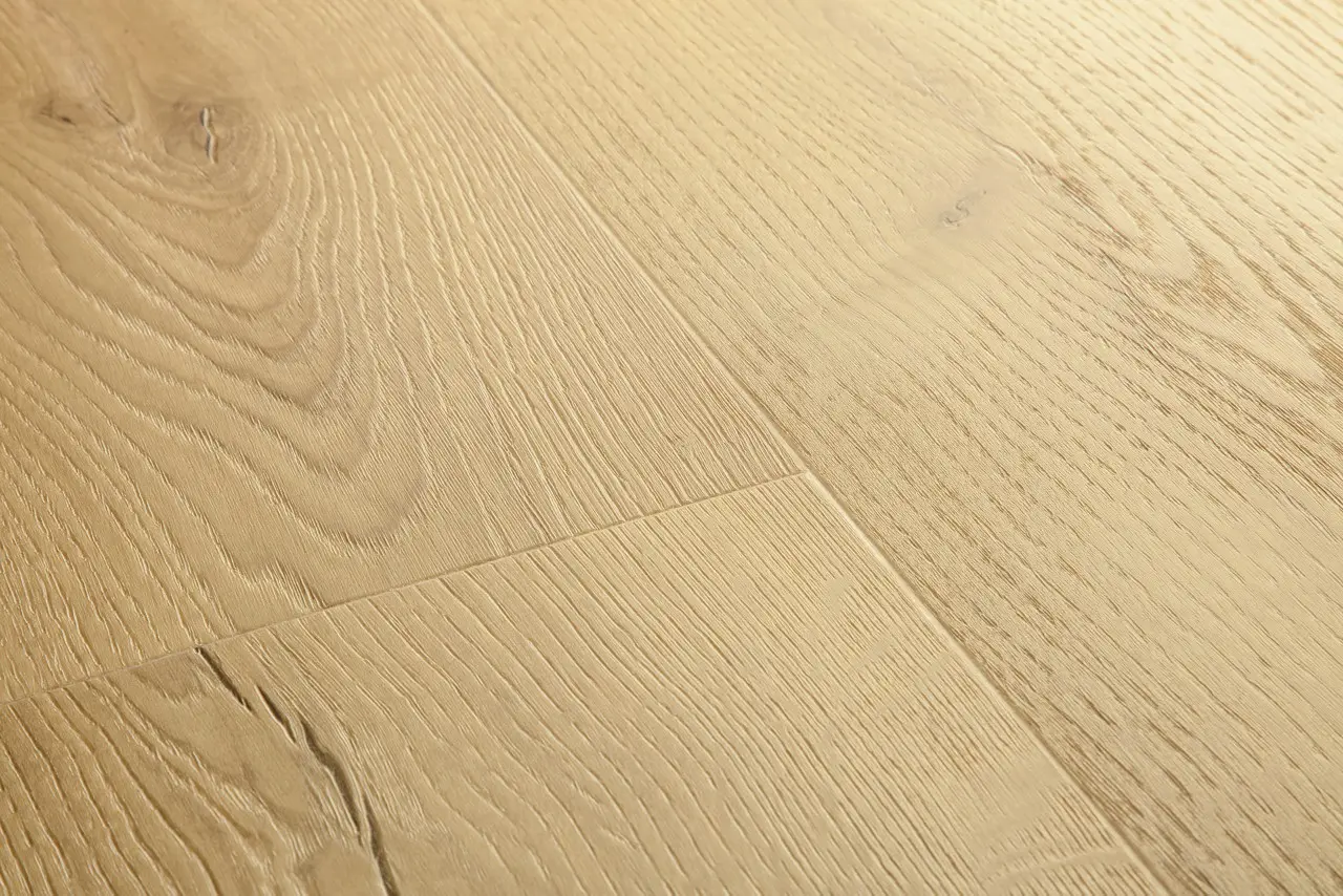 Close-up van de structuur van Quick-Step Bloom Geborstelde beige eik