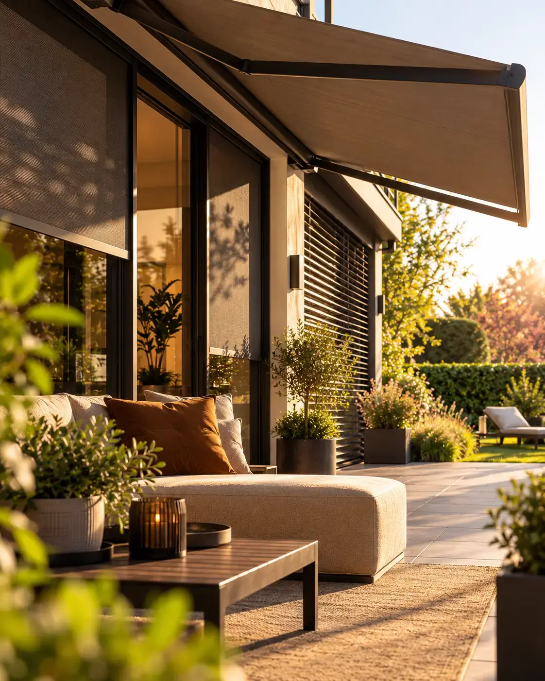 Uitgeklapte markies boven een terras met loungebank, in avondzon