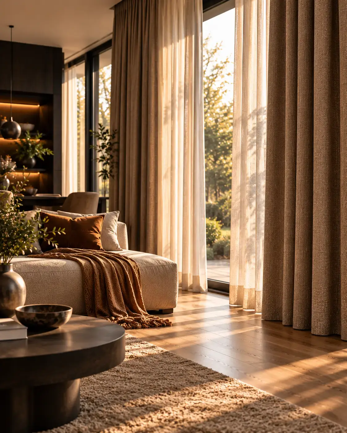 Lange linnen gordijnen voor een hoog raam in een woonkamer