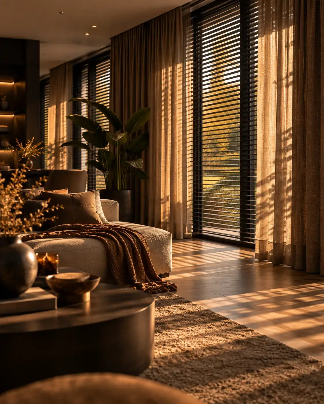 Jaloezieën en lange gordijnen voor een glazen pui in een woonkamer, in gouden zonlicht